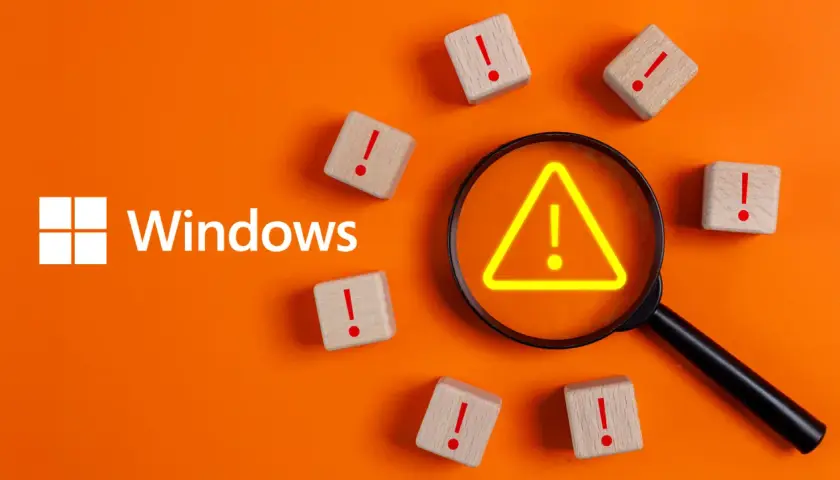 Windows-Logo, Lupe mit Warnsymbol, Holzklötze mit Ausrufezeichen. Ein Hinweis auf eine Systemprüfung wie chkdsk /scan.