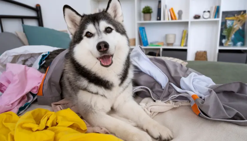 Szczęśliwy husky rozłożył się na swoim legowisku wśród kolorowych ubrań.