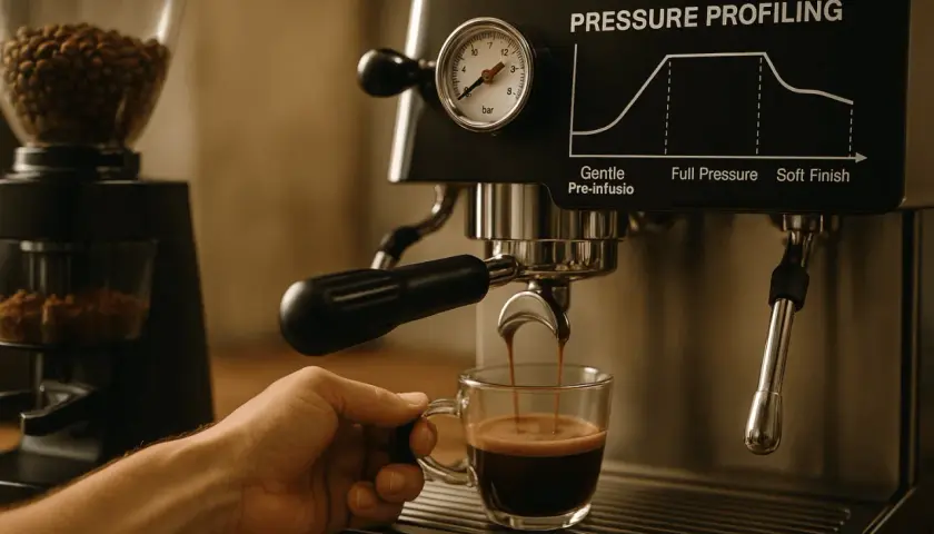 Hand hält Tasse unter Espressomaschine, die gerade einen Espresso brüht. Der sanfte Pre-infusion Prozess beginnt.
