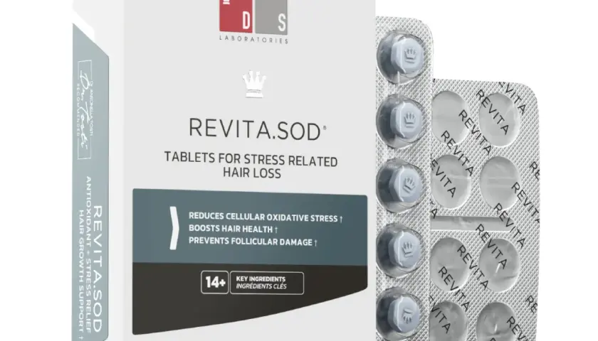 Caja y blíster de Revita.SOD, tabletas para la caída del cabello por estrés. Contiene ingredientes clave como ashwagandha para combatir la caída del pelo.
