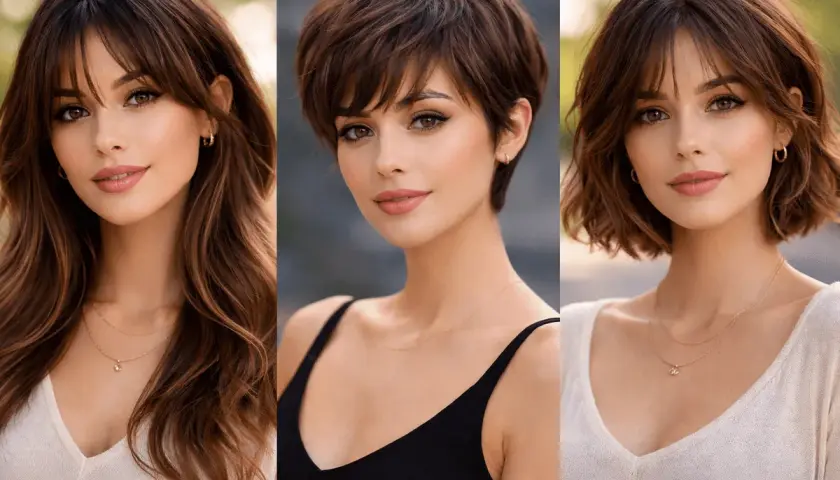 Tres cortes de pelo mujer: largo con flequillo, pixie y bob.