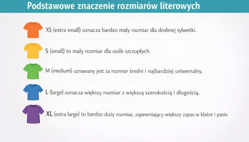 Tabela rozmiarów: XS (extra small) dla drobnej sylwetki, S dla szczupłych, M uniwersalny, L większy, XL bardzo duży.