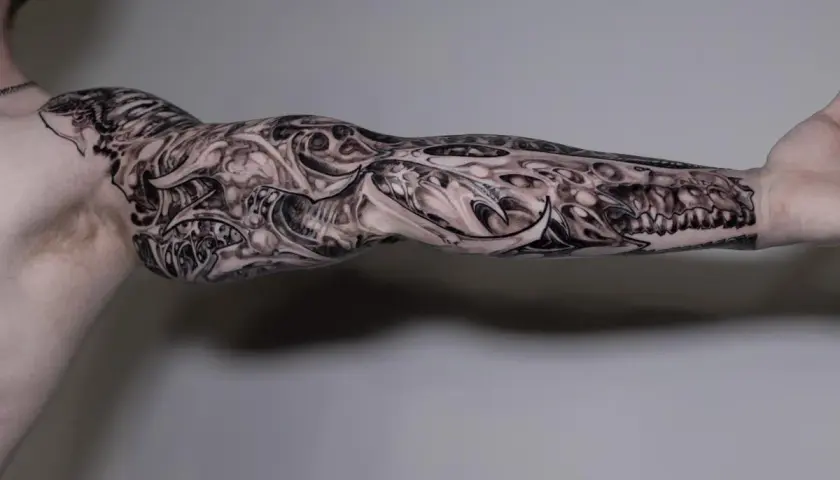 Imponujący greywash tattoo na ramieniu, przypominający mechaniczną protezę z ostrymi elementami i detalami.