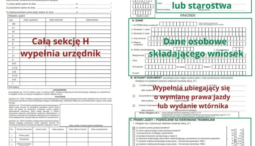 Wniosek o rejestrację pojazdu pdf. Formularz zawiera dane urzędu, dane osobowe składającego wniosek oraz informacje o wydanym dokumencie, np. prawo jazdy.