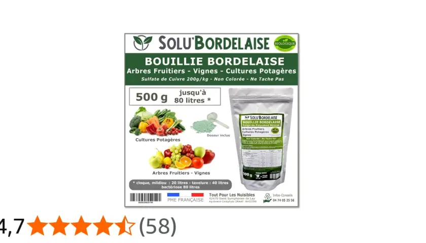 Bouillie bordelaise pour poirier et autres cultures. Protège contre cloque, mildiou et bactériose. 500g pour 80 litres.