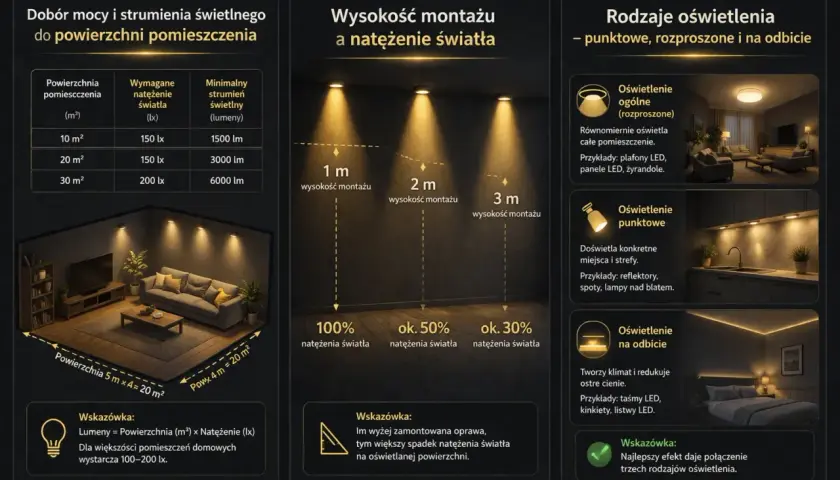 Dobór mocy i strumienia świetlnego (lumenów) do powierzchni pomieszczenia. Tabela pokazuje, ile lumenów potrzeba na 10, 20 i 30 m².