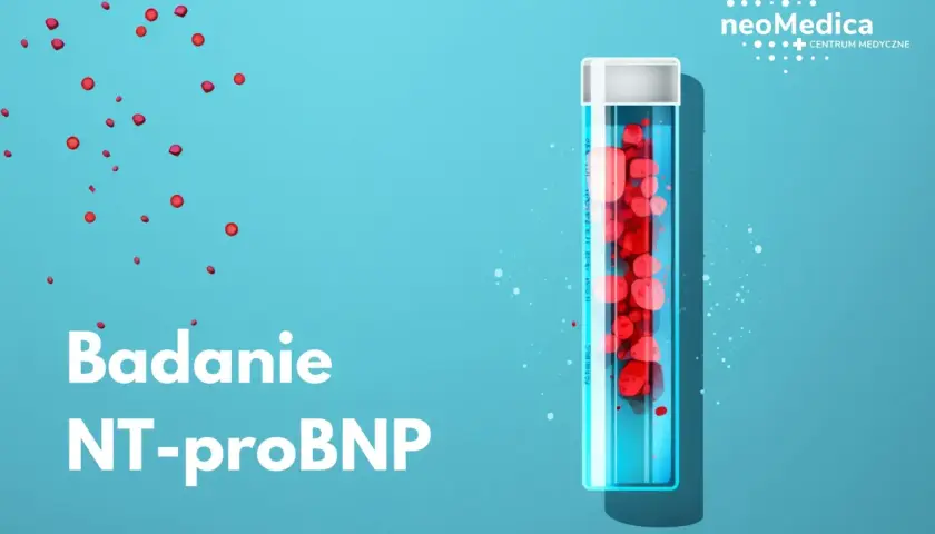 Badanie NT-proBNP w probówce z czerwonymi kroplami. NeoMedica Centrum Medyczne.