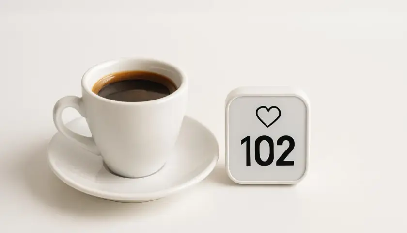 Tazza di caffè nero accanto a un contatore di like con 102. Un promemoria che il caffè e il cortisolo possono influenzare il nostro benessere.