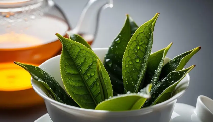 Świeże liście herbaty oolong w filiżance, gotowe do parzenia. Obok dzbanek z bursztynowym naparem.