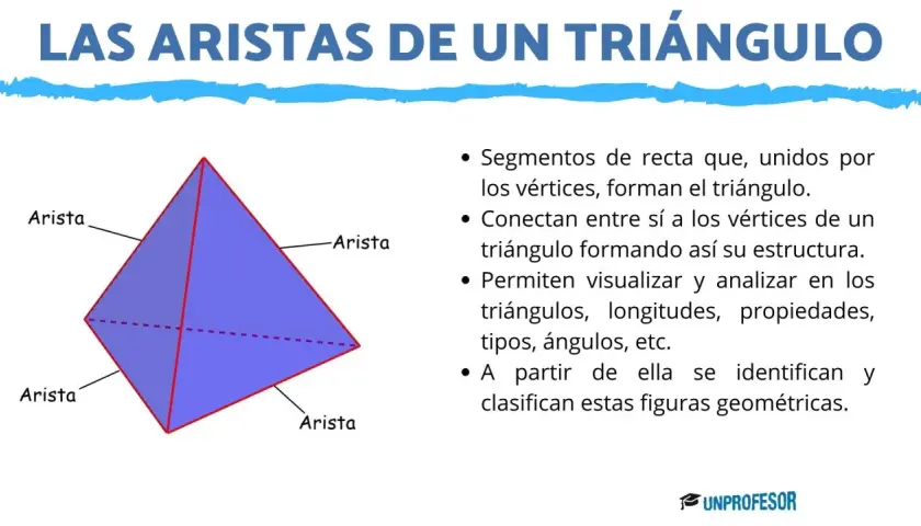 Un triángulo con sus aristas resaltadas. Una arista es un segmento que une vértices, fundamental para la estructura y análisis de triángulos.