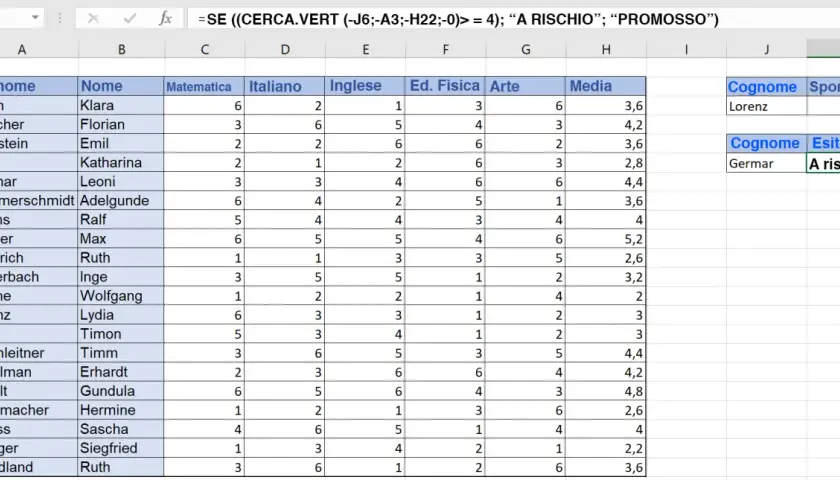 Foglio Excel con voti studenti. La formula "=SE(CERCA.VERT...)" indica che il file Excel è troppo pesante per essere elaborato.