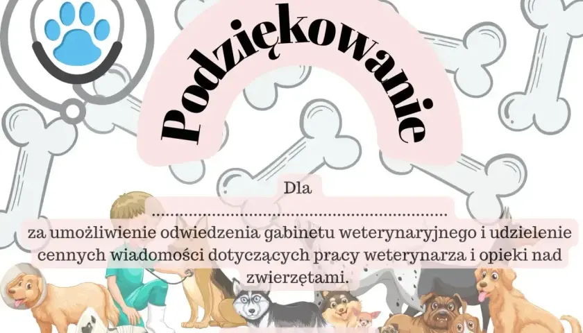 Szablon podziękowania dla weterynarza z rysunkami zwierząt i kości. Dowiedz się, jak napisać podziękowanie dla weterynarza za opiekę nad zwierzętami.
