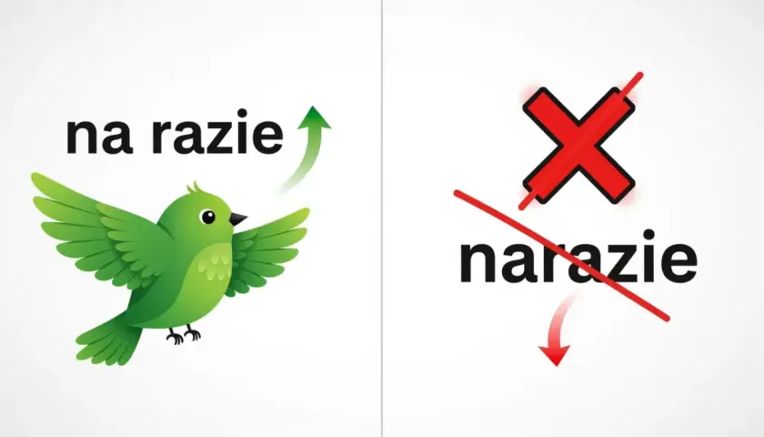 Zielony ptaszek z napisem "na razie" symbolizuje coś pozytywnego, w przeciwieństwie do przekreślonego "narazie".