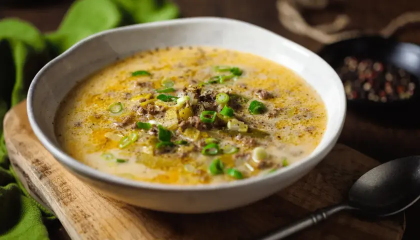 Eine cremige low carb Lauchsuppe mit Hackfleisch und Frühlingszwiebeln, serviert in einer Schüssel auf einem Holzbrett.