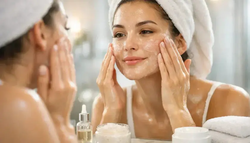 Une femme applique un exfoliant sur son visage, devant un miroir. Des produits de soin sont disposés sur le lavabo.