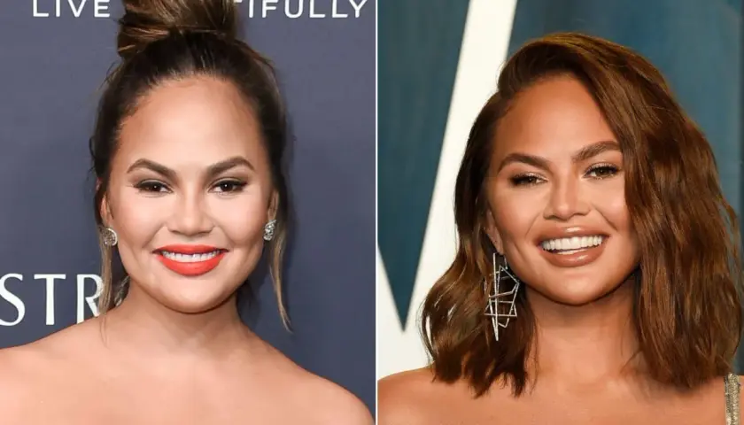 Chrissy Teigen med olika frisyrer och sminkningar. Hon ser ut att ha lyckats bli av med fett i ansiktet.