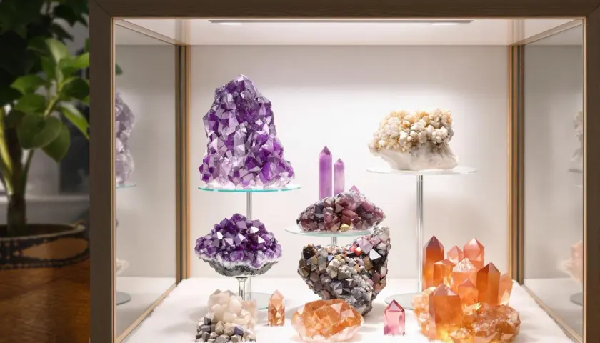 Eine Vitrine mit verschiedenen Kristallen, darunter Amethyst und ein faszinierender turmalin rohstein.