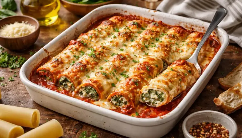 Délicieuse recette cannelloni au four, gratinés et garnis d'épinards et de ricotta. Un plat réconfortant prêt à être dégusté.