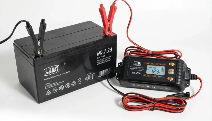 Ładowarka MW SCCD podłączona do akumulatora Mega Bat. Wyświetlacz pokazuje 12.9V, co pozwala ocenić, ile wytrzymuje akumulator.