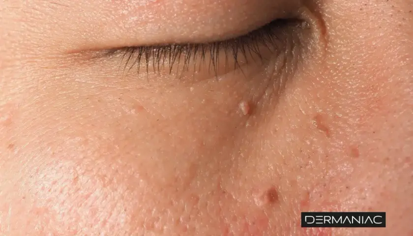 Primer plano de la piel con varias verrugas en la cara, algunas cerca del ojo.