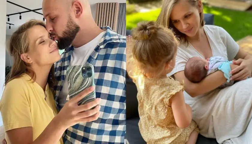 Agnieszka Kaczorowska z mężem i dwójką dzieci. Na jednym zdjęciu czułe chwile z partnerem, na drugim karmi piersią noworodka, podczas gdy starsza córka patrzy z zaciekawieniem.