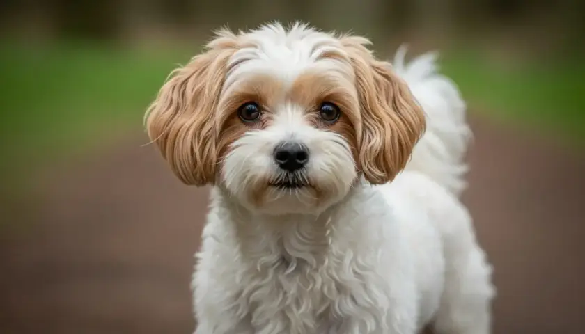 Ein Maltipoo, ein süßer Hund mit weißem und braunem Fell, blickt neugierig in die Kamera.