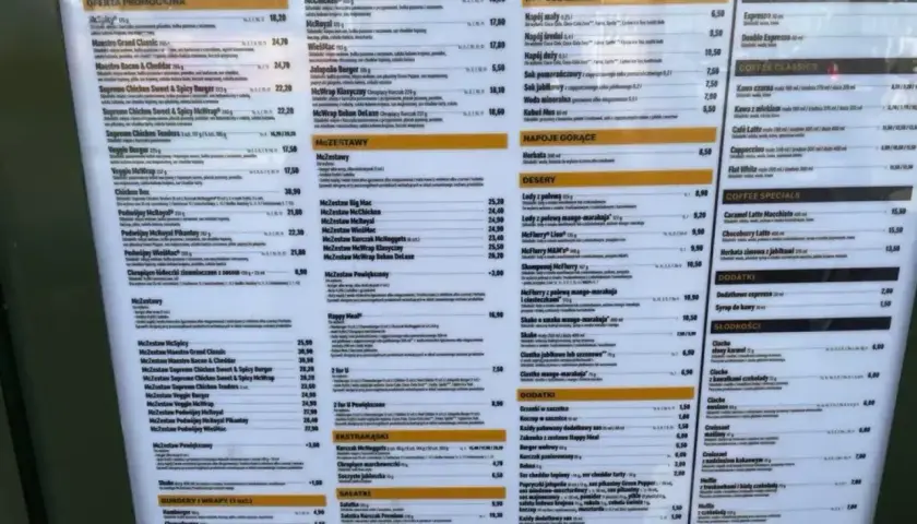 Menu McDonald's Szwajcaria, ceny McWrapów, McRoyal, McChicken, McFlurry i innych.