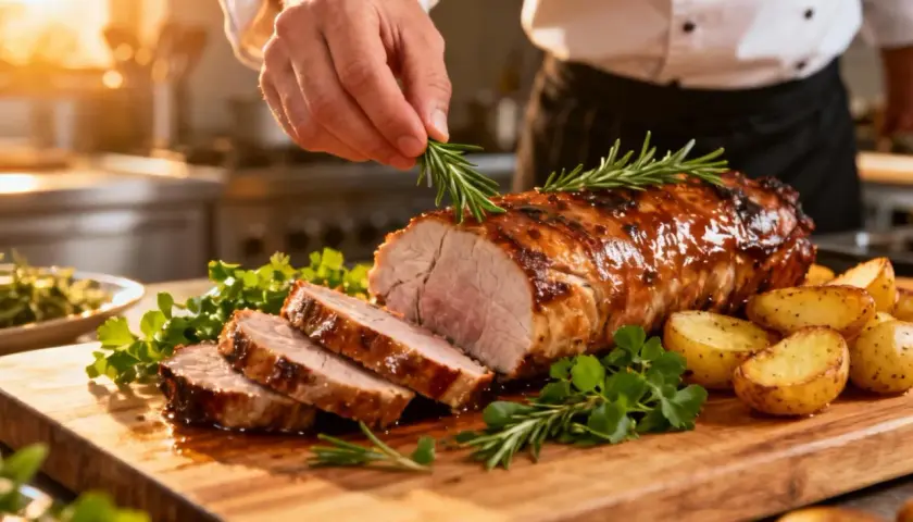 Filet mignon de porc rôti, tranché, garni de romarin et servi avec des pommes de terre.