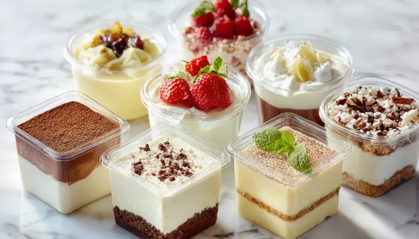 Różnorodne desery w opakowaniach na monoporcje: tiramisu, mus czekoladowy, sernik, jogurt z owocami i inne słodkości.