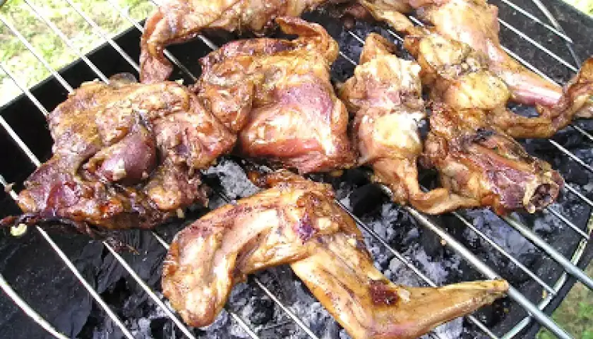 Plusieurs morceaux de lapin barbecue grillent sur un feu de charbon de bois. La viande est dorée et appétissante.