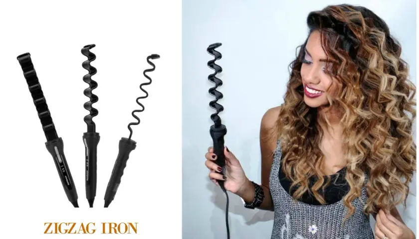 En kvinna visar upp en zig-zag locktång, perfekt för att fixa håret med voluminösa lockar.