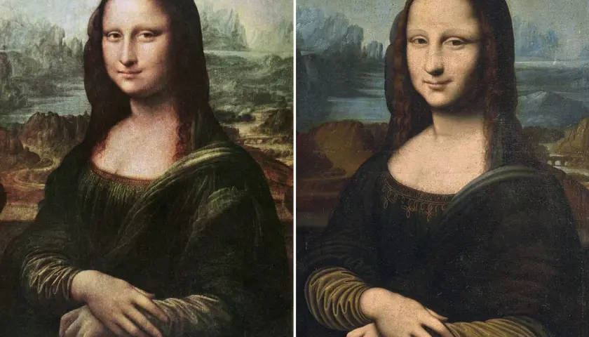 Zwei Mona Lisa-Gemälde nebeneinander, die Unterschiede in Farbe und **Mona Lisa Größe** zeigen.