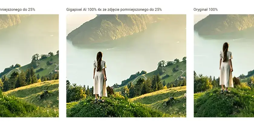Kobieta w białej sukience na tle górskiego krajobrazu. Porównanie jakości obrazu po obróbce w Photoshopie i Gigapixel AI z oryginałem.