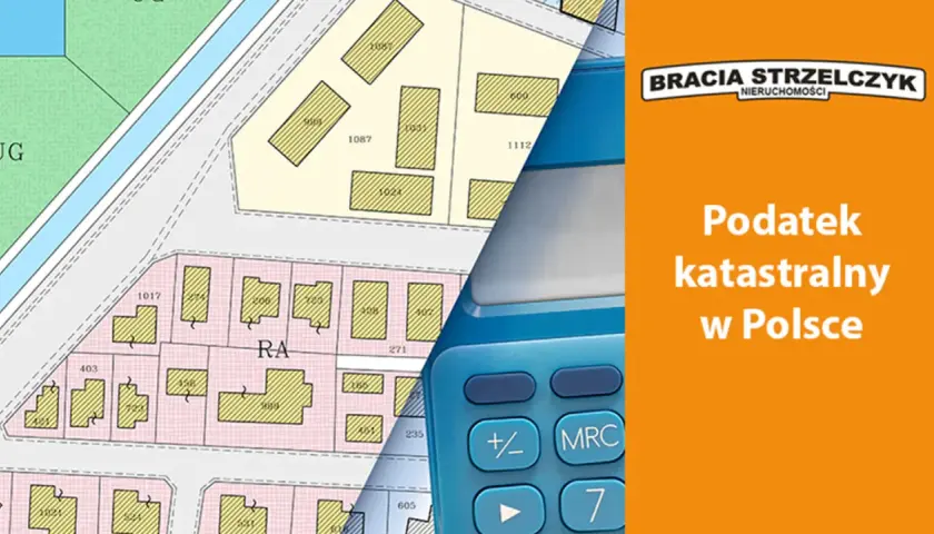Mapa ewidencyjna i kalkulator symbolizują przegłosowany podatek katastralny w Polsce.