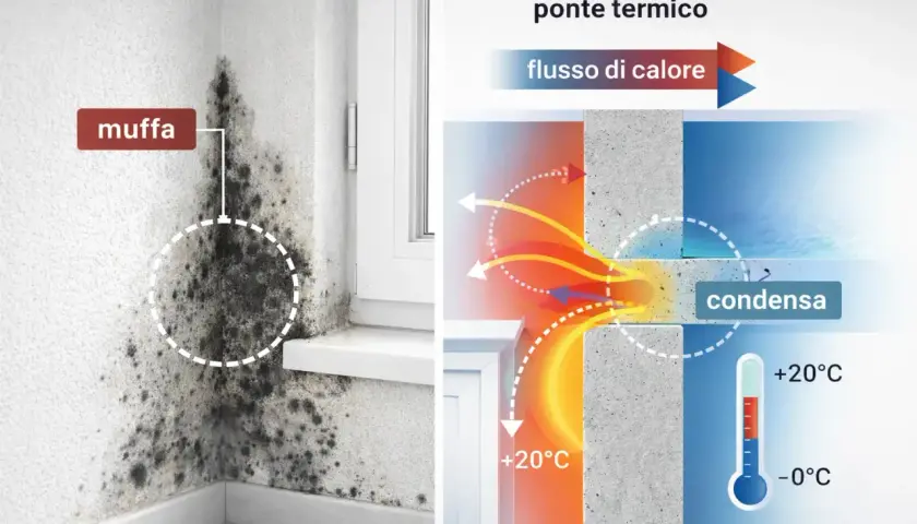 Muffa su un muro causata da un ponte termico. Il diagramma mostra il flusso di calore e la condensa dovuti a un isolamento termico insufficiente.