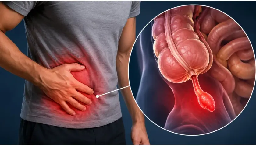 Dolore addominale, un uomo si tocca il fianco dove si sente un bruciore. L'immagine mostra l'appendice infiammata, indicando dove fa male quando si ha la colite.