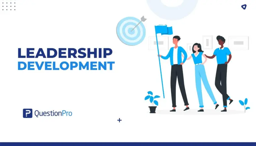 Illustration for leadership development: a team holding a flag, with a target in the background.