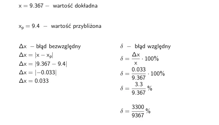 Obliczenia błędu względnego dla wartości dokładnej 9.367 i przybliżonej 9.4.