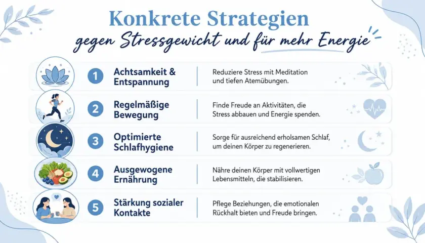 Strategien gegen Stressgewicht: Achtsamkeit, Bewegung, Schlaf, Ernährung & soziale Kontakte für mehr Energie.