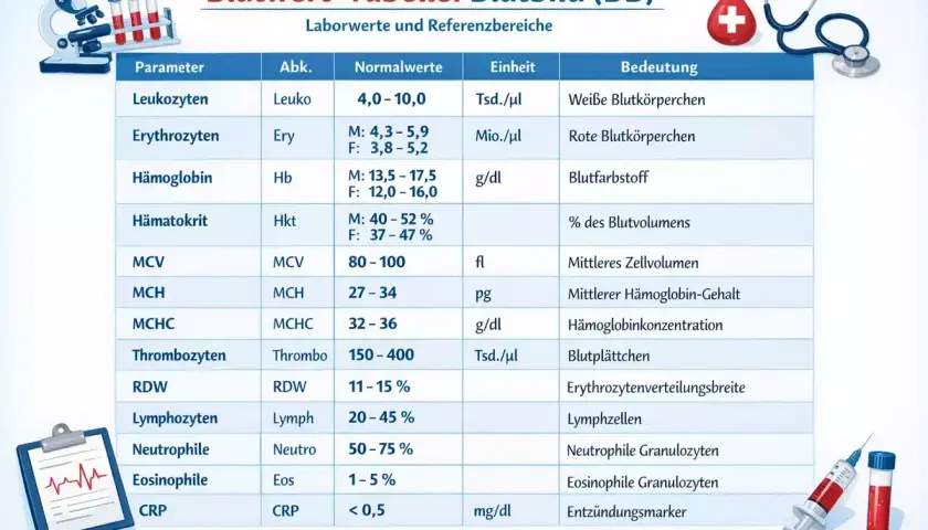 Blutwert-Tabelle: Blutbild. Zeigt Parameter wie Leukozyten, Erythrozyten und Hämoglobin (Hb) mit Normalwerten. Nützlich zur Interpretation von Laborergebnissen.