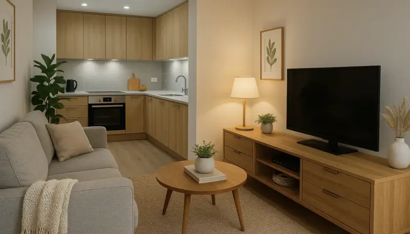 Salón y cocina integrados con muebles de madera clara. La iluminación cálida crea una atmósfera acogedora, mostrando la escala de temperatura de color ideal para el hogar.