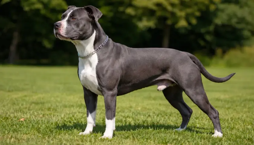 Silny amstaff w obroży stoi na trawie. Zastanawiasz się nad amstaff cena?