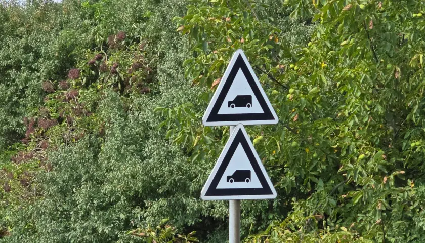 Dwa trójkątne znaki drogowe z symbolem samochodu, wskaźnik w6b, na tle zielonych drzew.