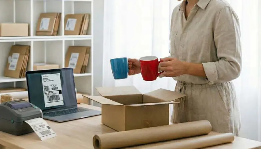 Kobieta z kubkami w rękach przygotowuje paczkę. Na biurku drukarka etykiet, laptop z naklejką i karton. To wszystko, co potrzebne, by wysłać zamówienie. SKU co to? To kod produktu.