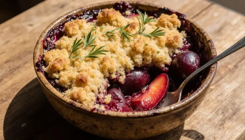 Ein Zwetschgen Crumble, der schnell zubereitet ist, mit knuspriger Streuseldecke und frischem Rosmarin garniert.