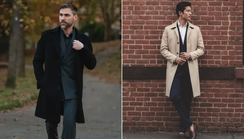 Deux hommes portant des manteaux, un noir et un beige, devant un mur de briques et dans un parc.