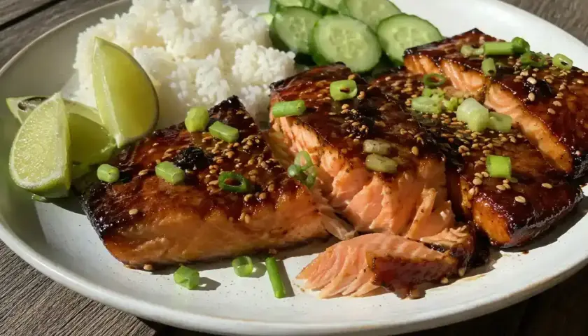 Ugnsbakad asiatisk lax med sesamfrön, ris, gurka och limeklyftor. En läcker och hälsosam måltid.