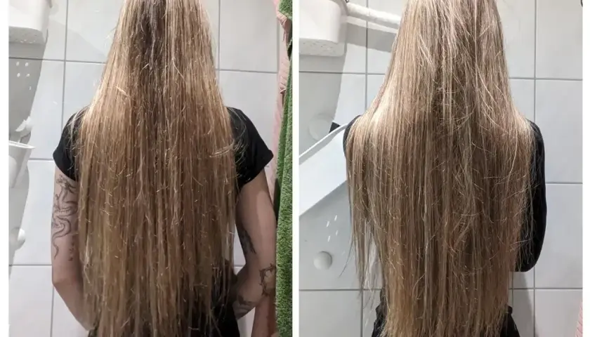 Długie, blond włosy przed i po zabiegu olejowania. Włosy wyglądają na zdrowsze i bardziej lśniące.