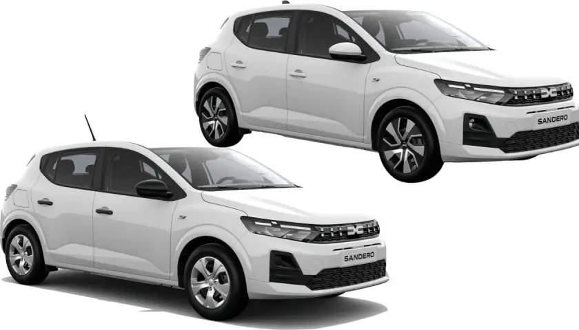 Dwa białe samochody Dacia Sandero 2025, jeden z przodu, drugi z boku, prezentują nowoczesny design i praktyczność.