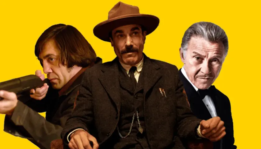 Trzech mężczyzn z filmów: Javier Bardem z karabinem, Daniel Day-Lewis w kapeluszu i Al Pacino w smokingu. Film warty obejrzenia!
